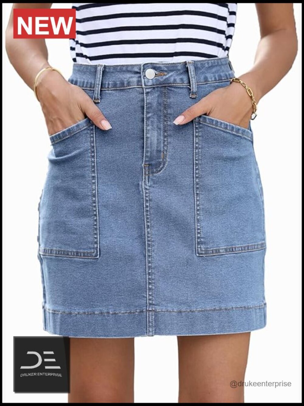 High Waisted Stretch Denim Skirt with Pockets